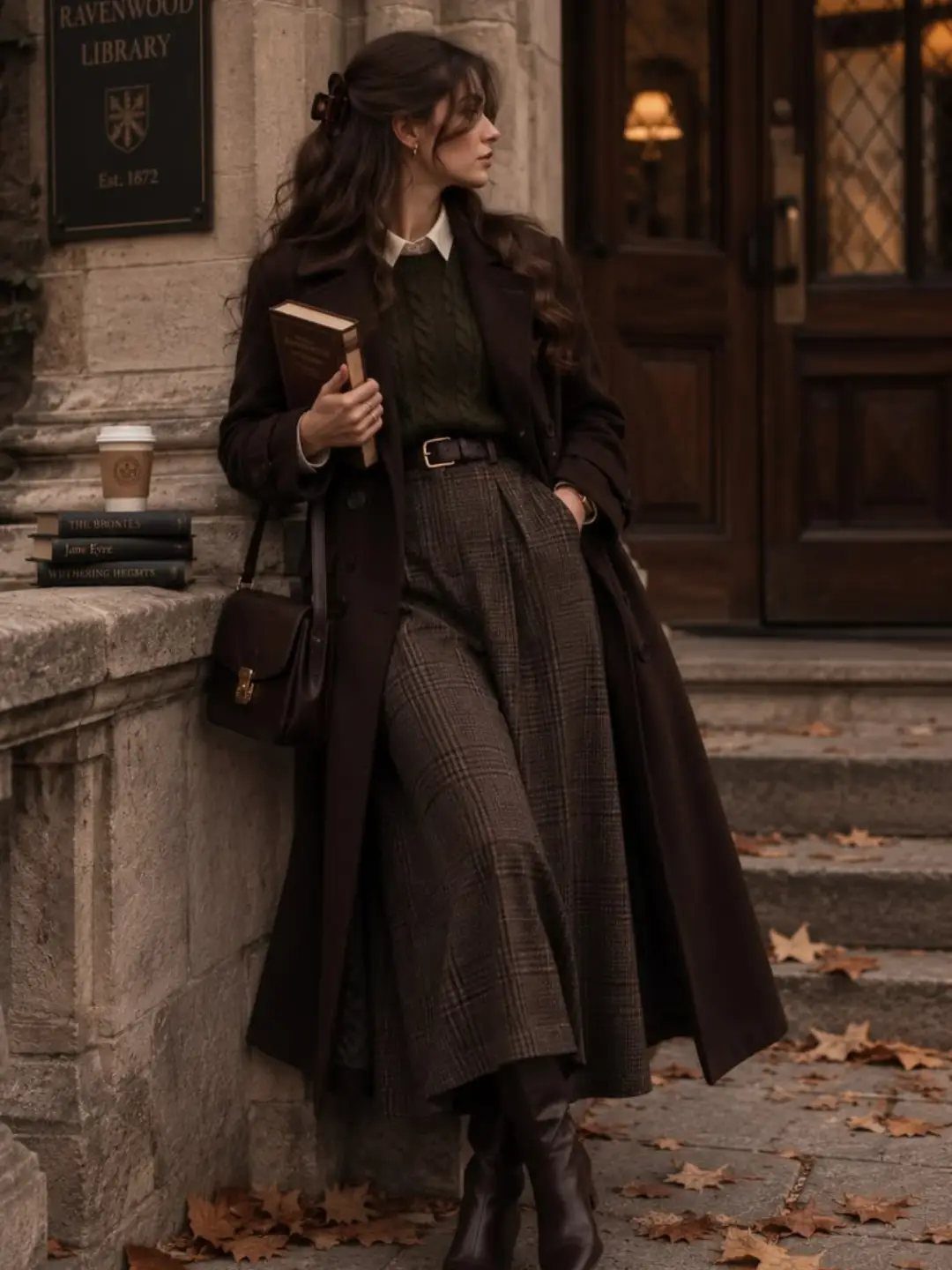 A woman in a dark coat and plaid skirt stands by a stone wall holding a book.