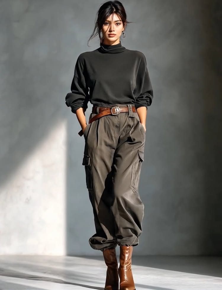 Woman wearing a dark turtleneck and olive green cargo pants with a brown leather belt.