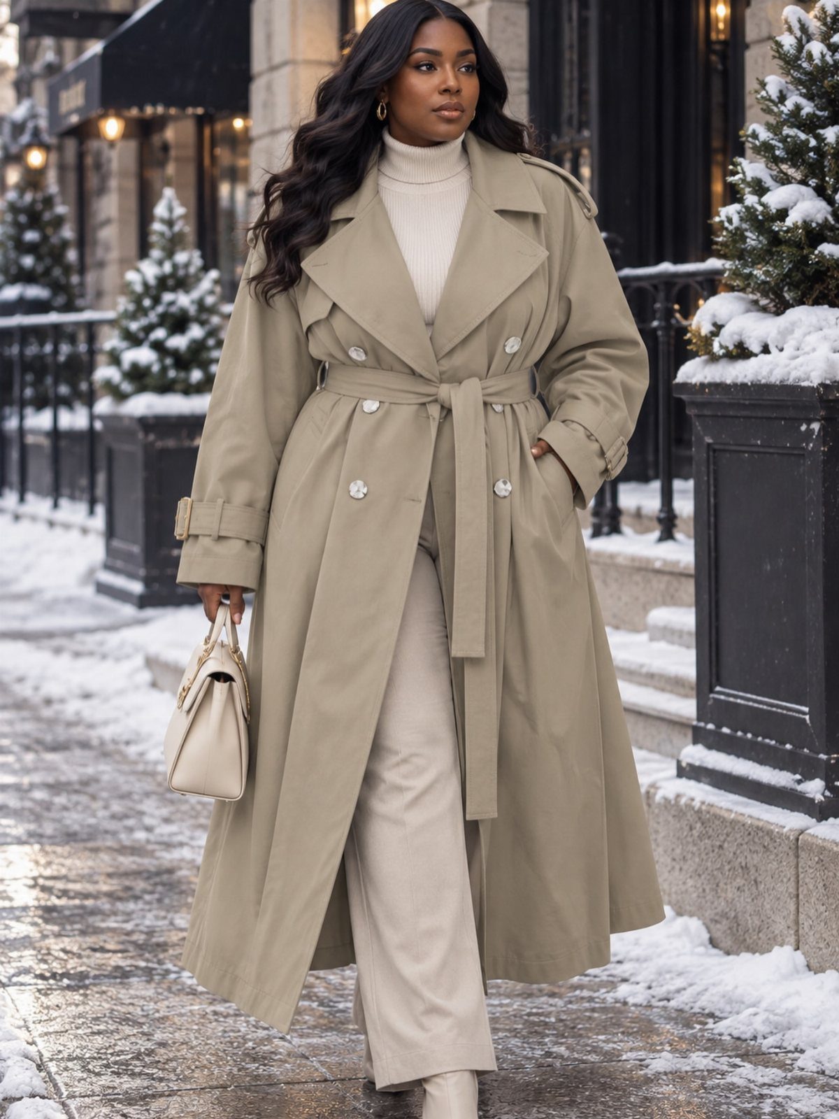 A woman walking in a snowy city wearing a tan trench coat and beige turtleneck.