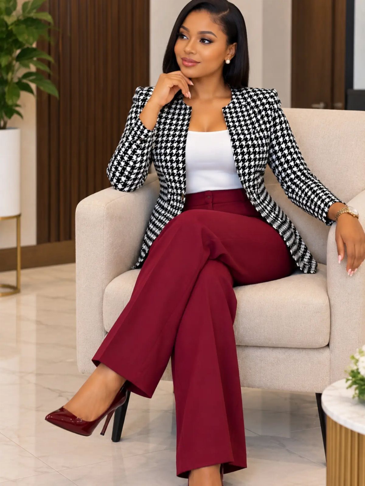A woman wearing a houndstooth blazer and burgundy trousers sitting in a chair.