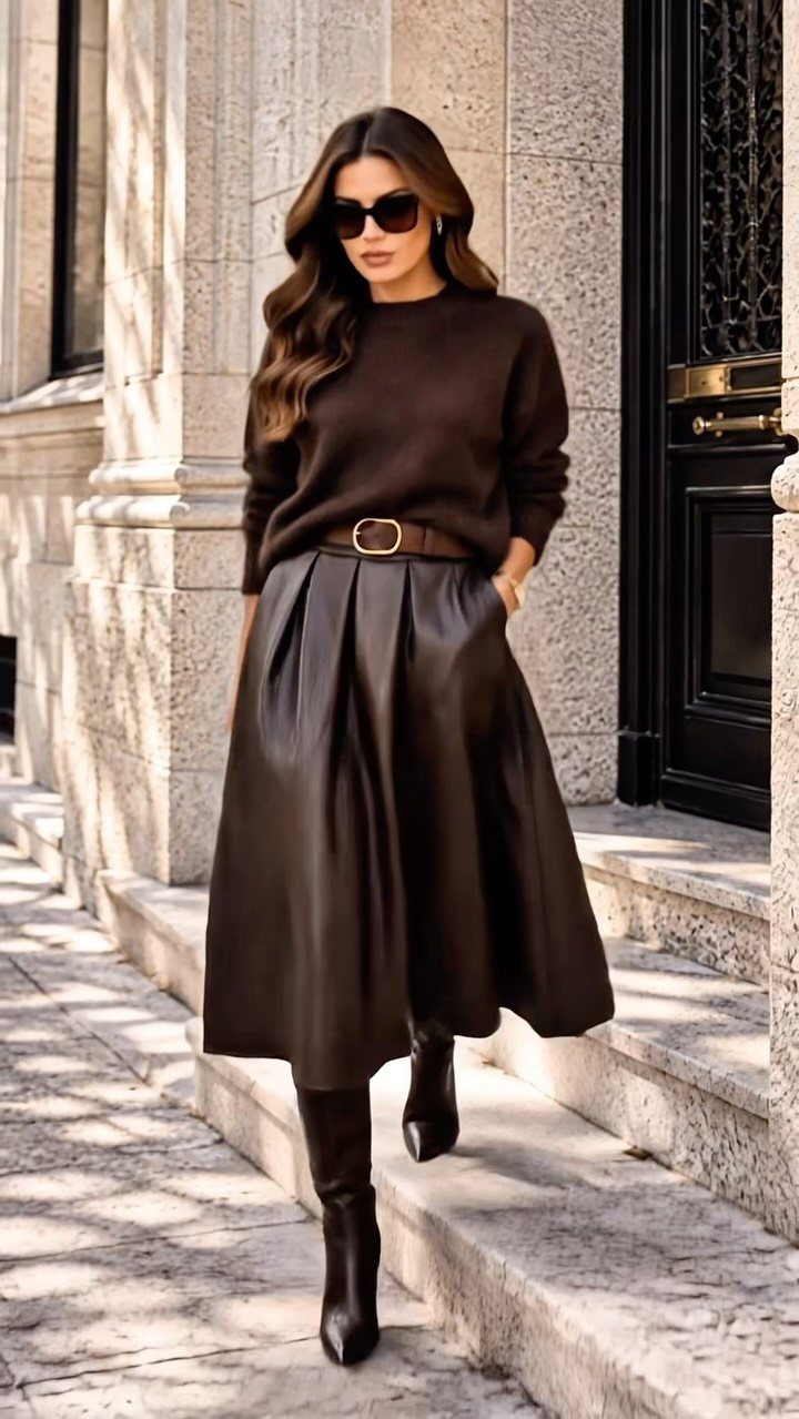 Woman in a brown sweater, pleated midi skirt, and black boots standing on stone steps.