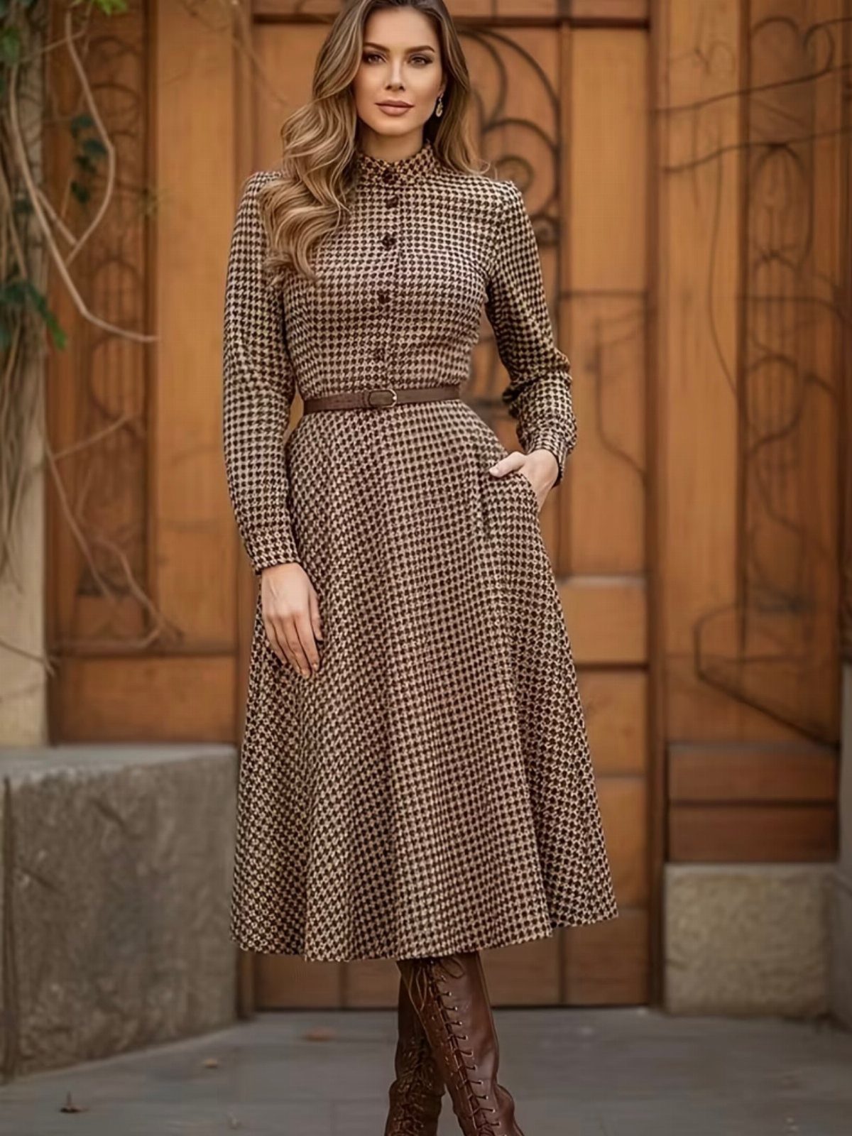 A woman wearing a brown checkered midi dress and lace-up boots standing before a wooden door.