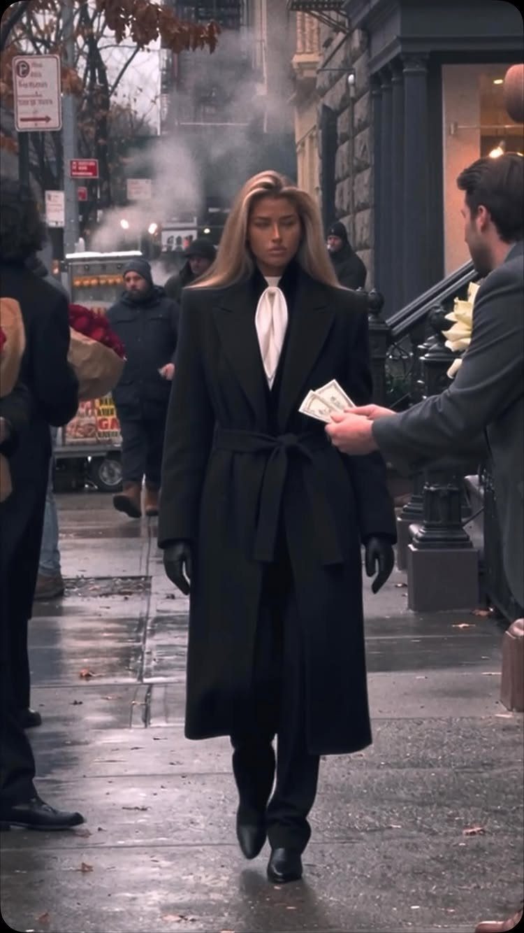 A woman walking down a city street wearing a long black belted coat and white shirt.