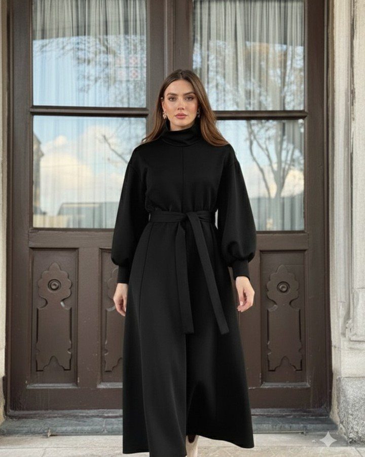Woman wearing a long-sleeved black maxi dress with a fabric belt tied at the waist.