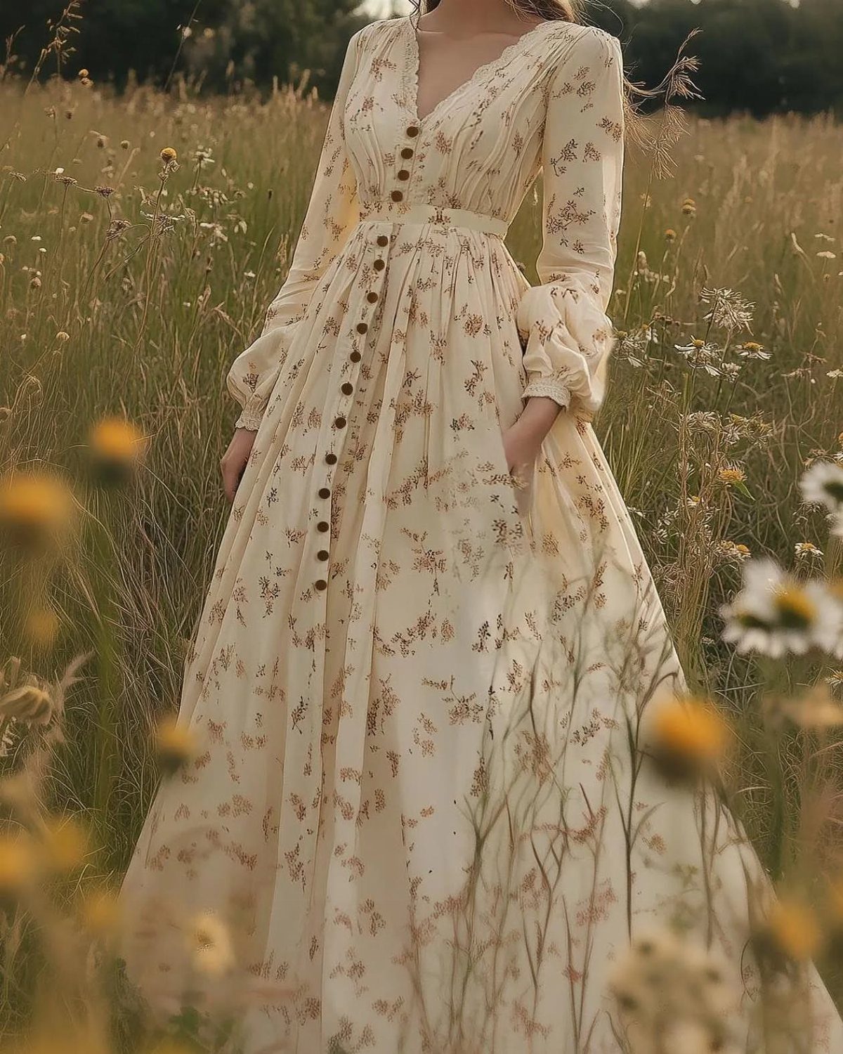 Woman in a long cream floral linen dress standing in a wildflower field.