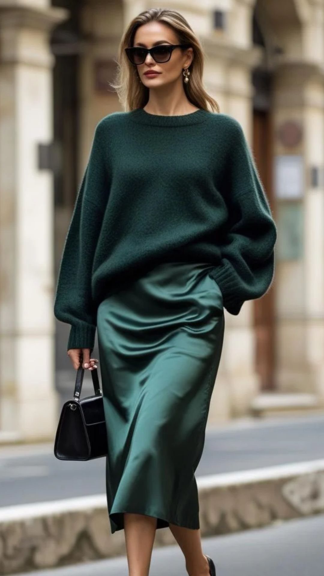 Woman walking in a city wearing a dark green knit sweater and silk midi skirt.