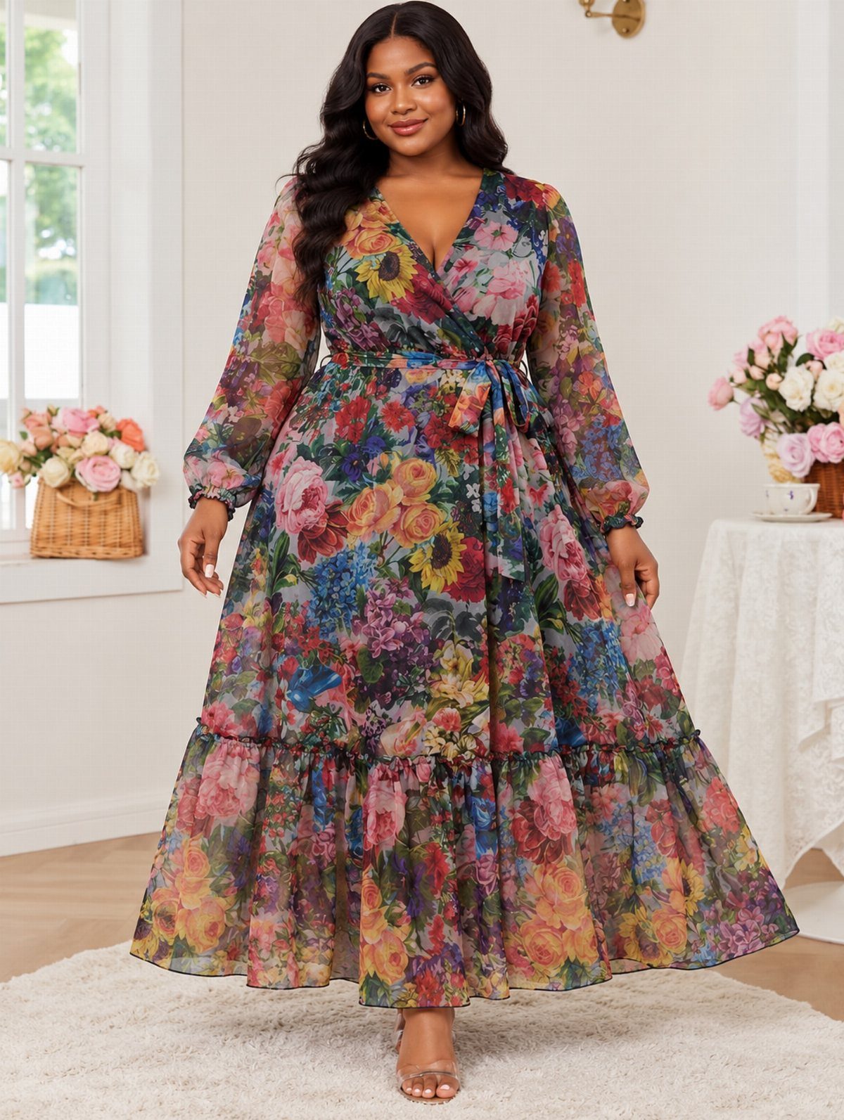 A woman posing in a colorful long-sleeved floral wrap midi dress with a tiered skirt.